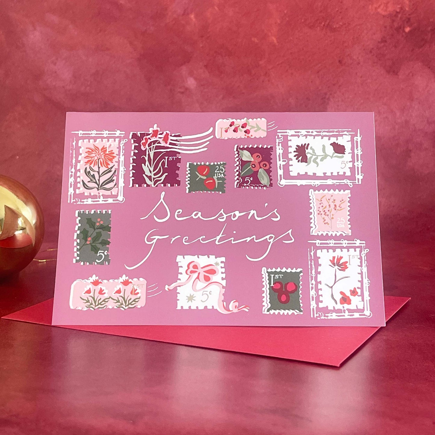 Season's Greetings Card Pink Christmas Card