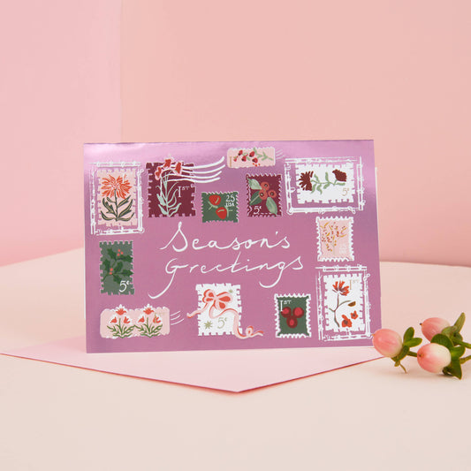 Season's Greetings Card Pink Christmas Card