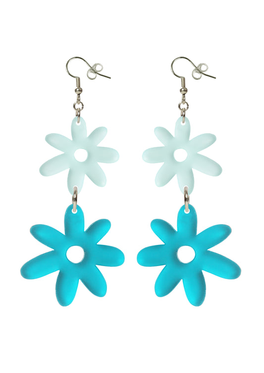 Flower Double Dangles - Ice + Teal Frost