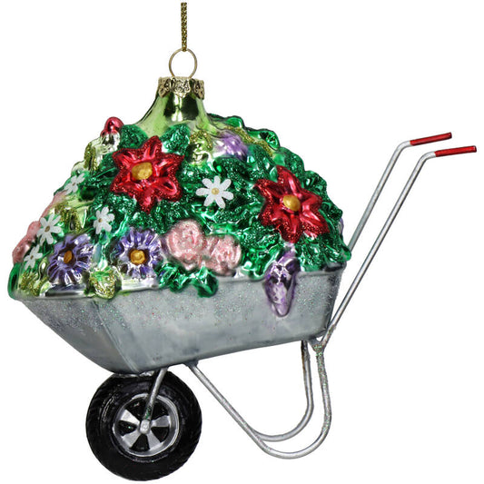 Wheelbarrow & Flowers Glass Ornament