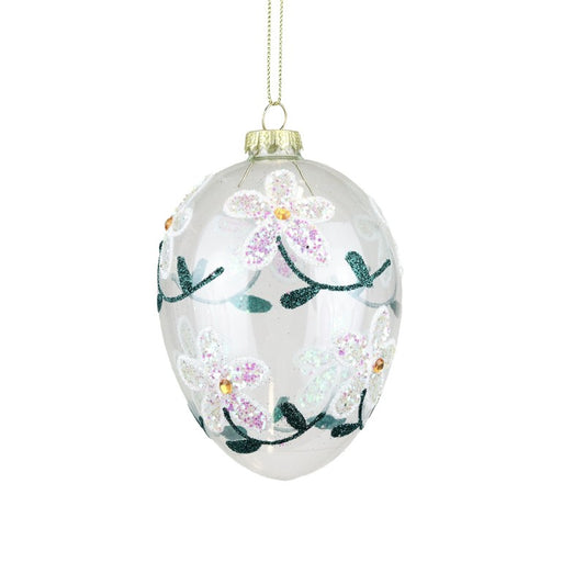 Ornament Clear Glass Egg with Jewel Flower 12cm