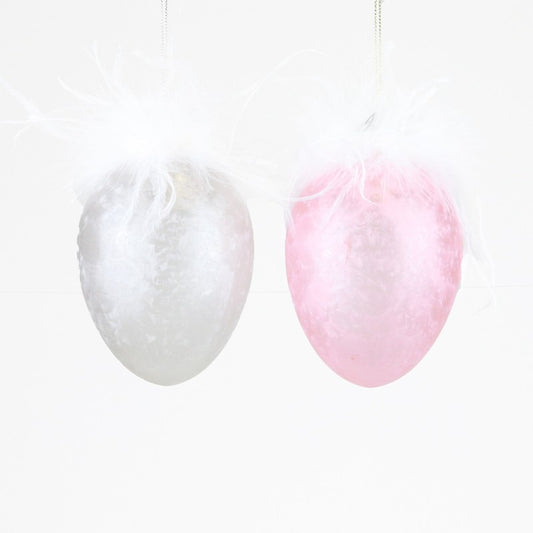 Ornament Frosted Glass Egg with Plume 12cm ass/2