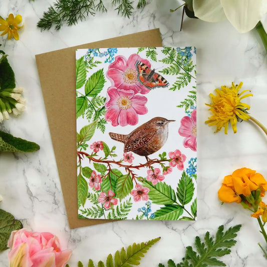 Wren and Flowers Greetings Card