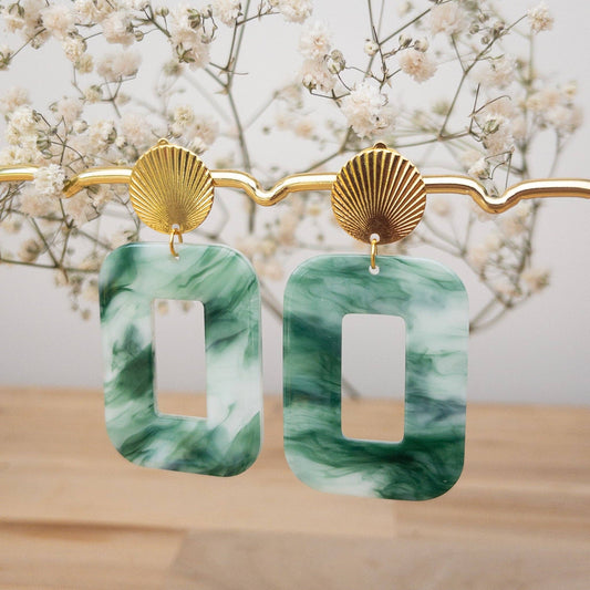 Gabrielle Clip-On Earrings - Green & White Marbled