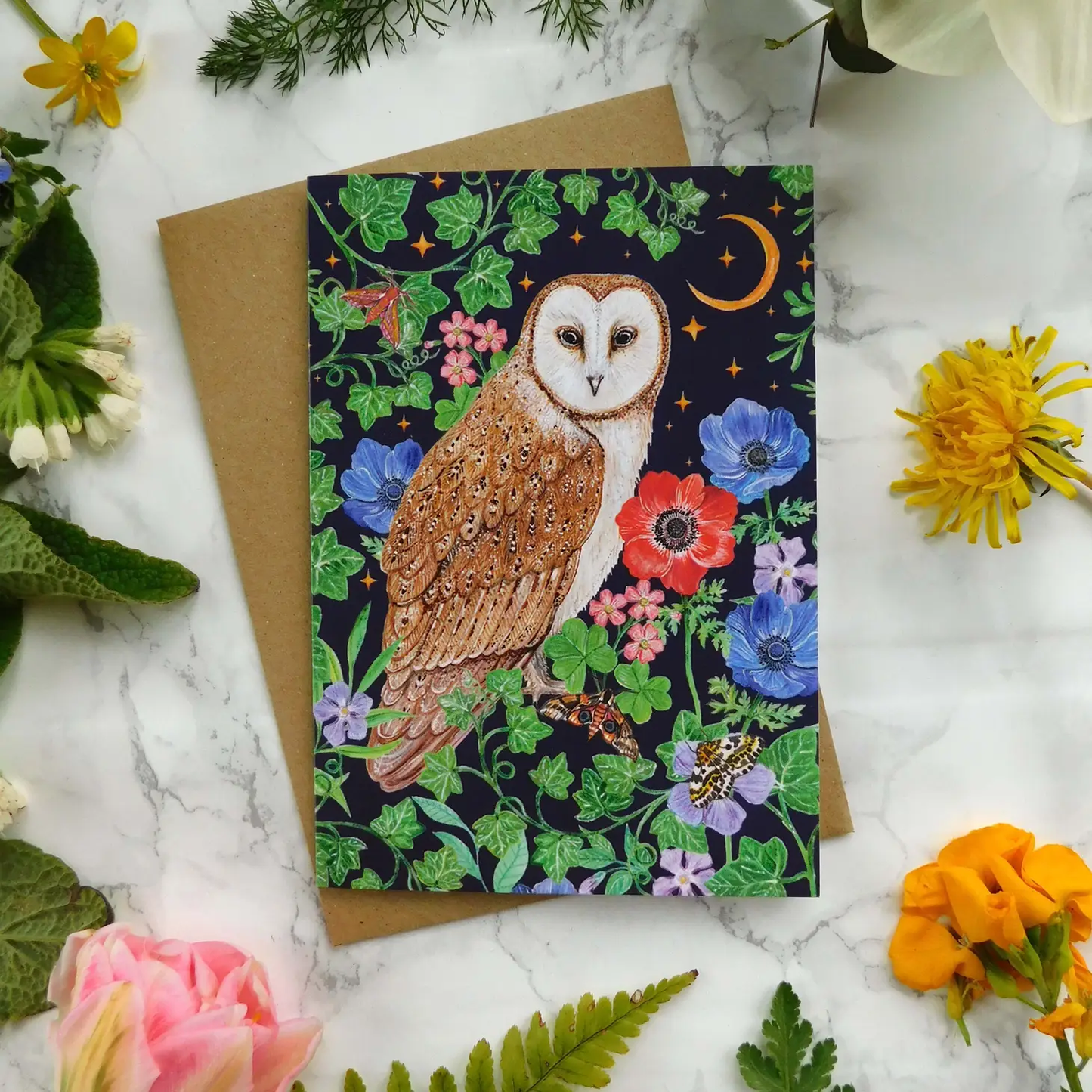 Barn Owl & Flowers Greeting Card