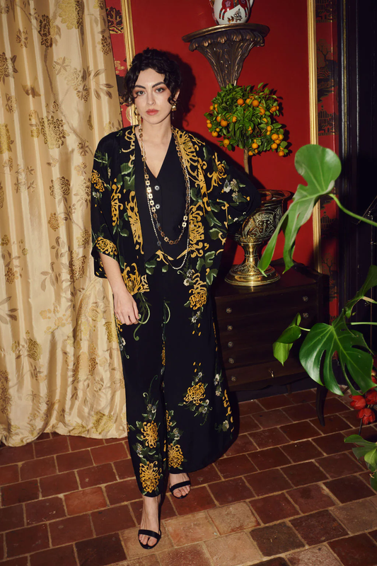 Crepe Kimono - Chrysanthemum Black